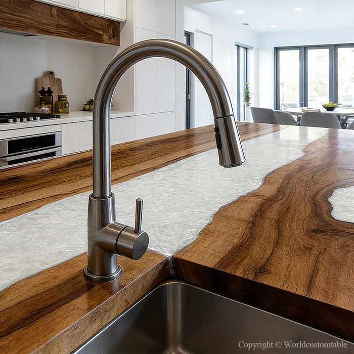 Large epoxy waterfall table in industrial chic conference room