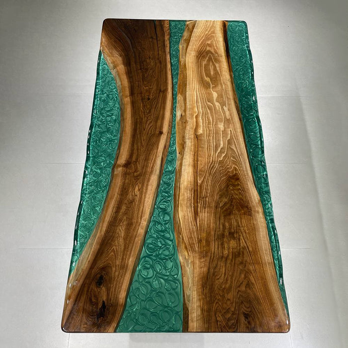Large black walnut dining table with green epoxy center