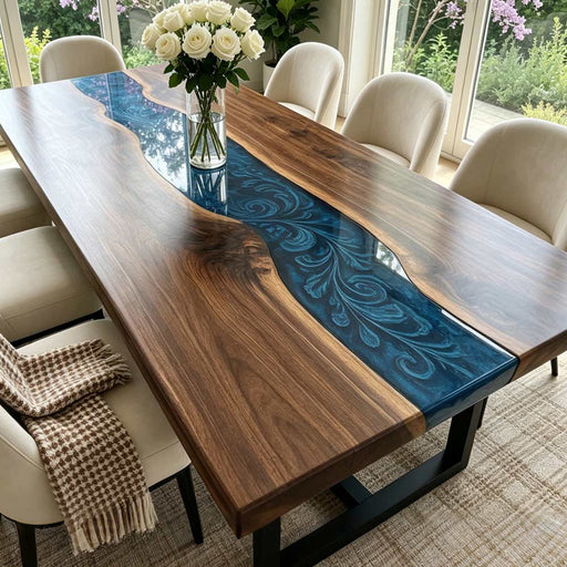 Large luxury black walnut epoxy dining table with blue river design for family dining
