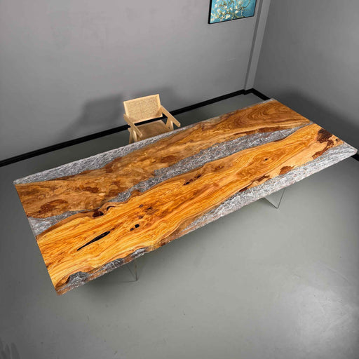 Large olive wood epoxy river dining table ready to ship