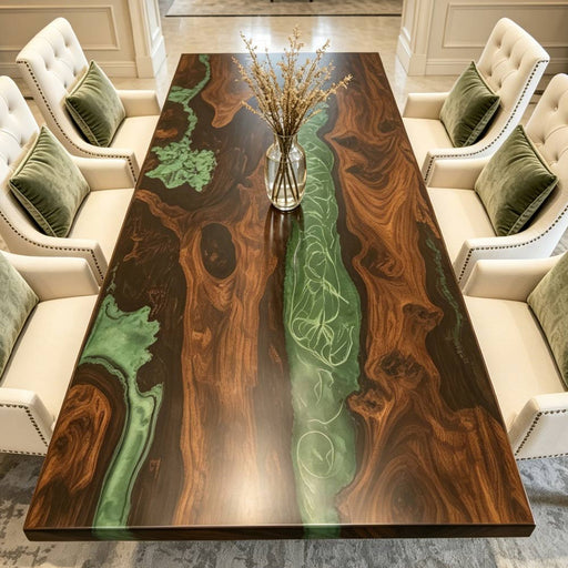 Rectangular black walnut conference table with vibrant green epoxy resin river, executive office decor