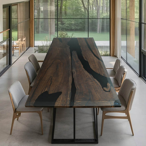 Large river resin dining table with live edge walnut, seats up to 10
