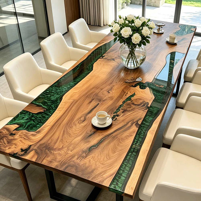 Spacious walnut wood conference table with green epoxy river, ideal for executive boardrooms and meetings.