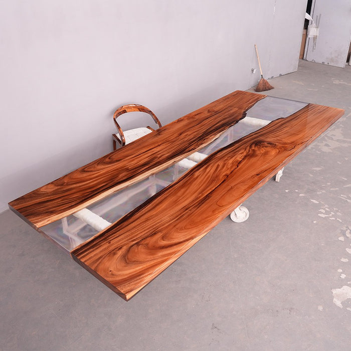 Large walnut dining table with crystal clear epoxy resin for spacious dining rooms