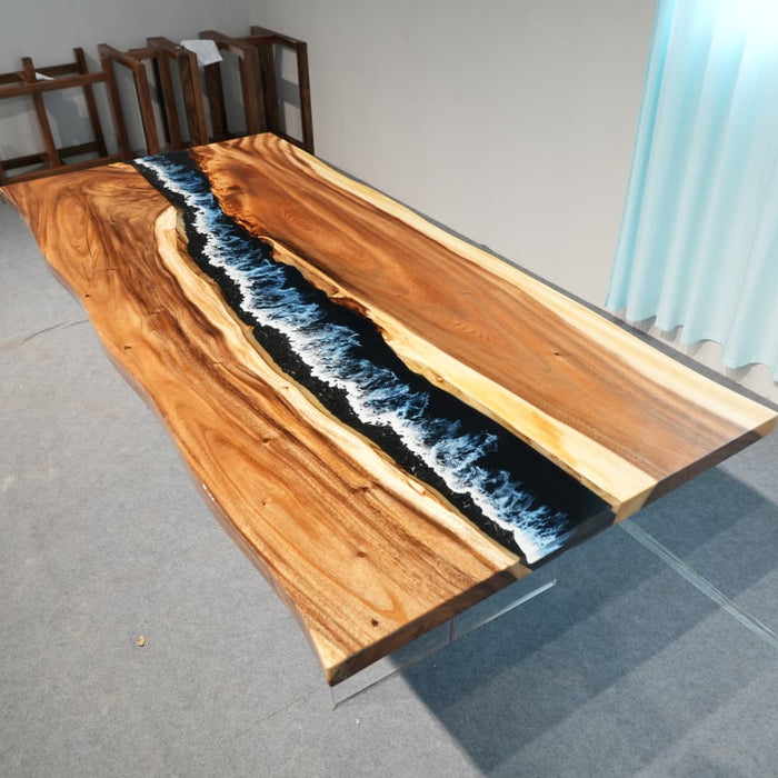 Large walnut epoxy dining room table for family meals and entertaining