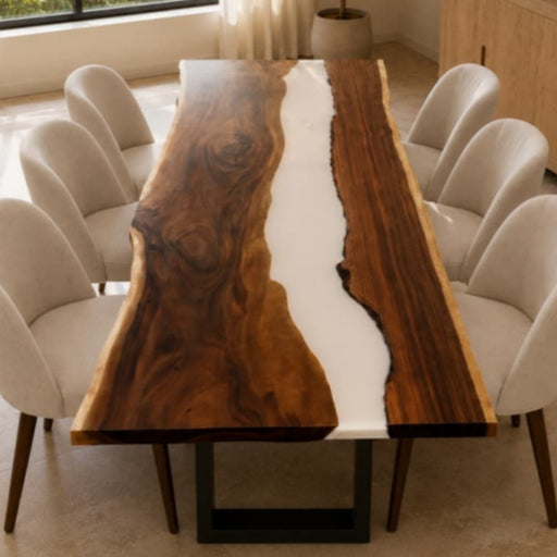 Large walnut dining table with elegant white epoxy resin