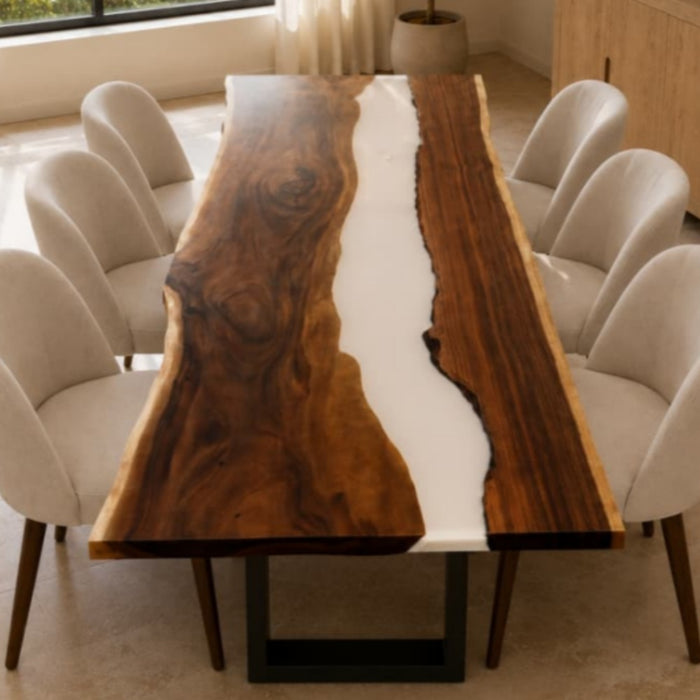 Large walnut dining table with elegant white epoxy resin