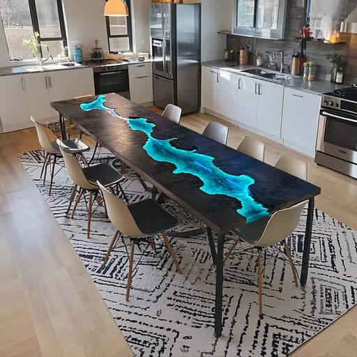 LED glowing epoxy bar table made from black walnut with luminous blue resin.
