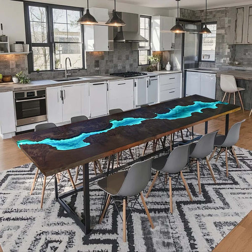 Lighted epoxy river bar top with live edge black walnut and built-in LEDs