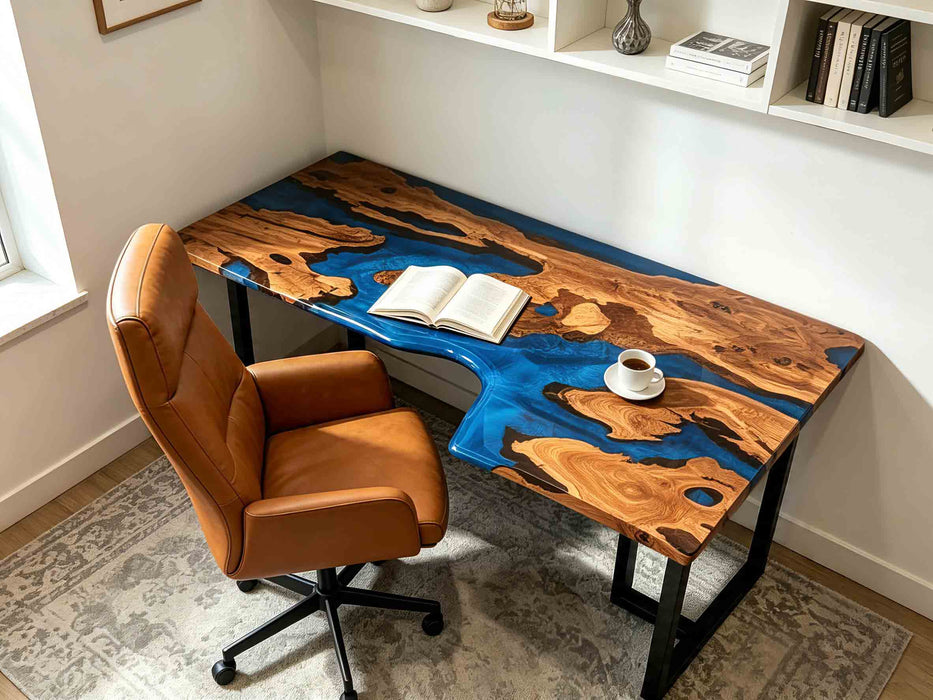 Live edge L-shaped resin study desk made from natural olive wood and blue epoxy