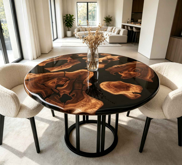 Custom black resin walnut table with round shape for dining room coffee area and luxury spaces