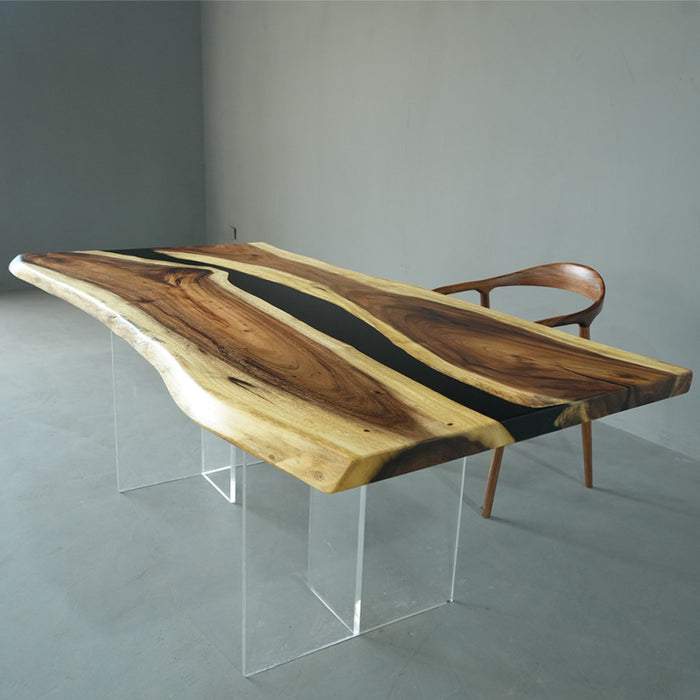 Handcrafted live edge walnut wood table with black epoxy resin