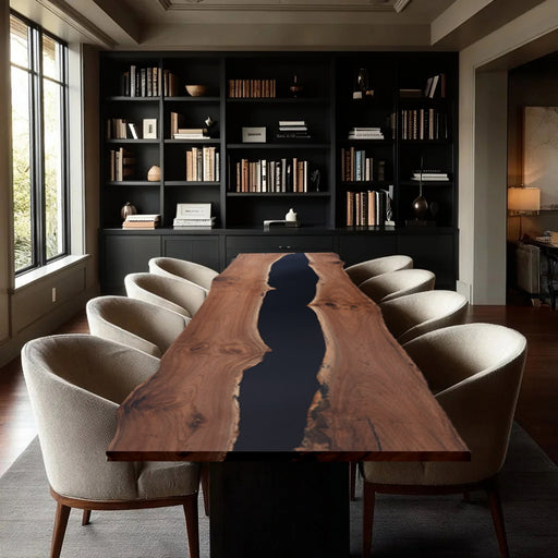 Modern interior with a long wooden dining table and chairs in a room with bookshelves.