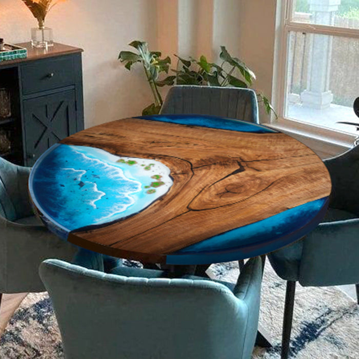 Live edge black walnut epoxy resin table featuring natural wood grain and glossy blue resin river.
