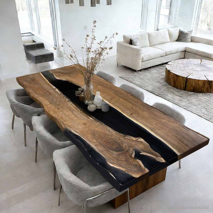 Live edge black walnut epoxy river conference table designed for modern meeting rooms and offices.