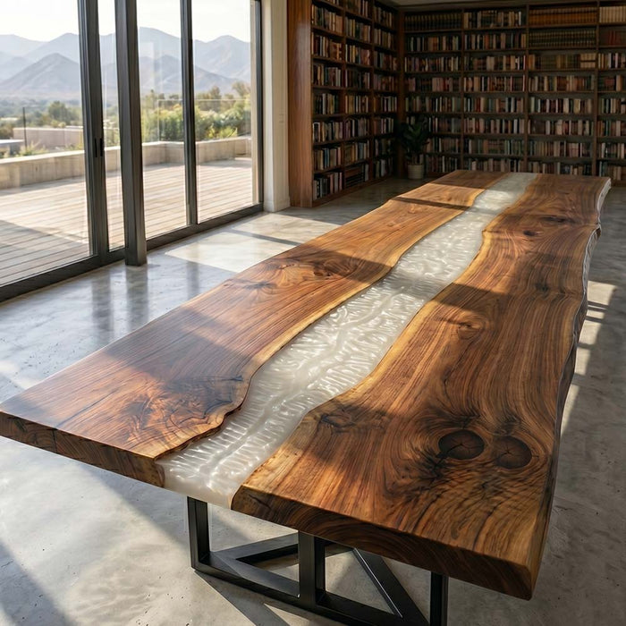 Wooden dining table with a live-edge design in a room with bookshelves and large windows.