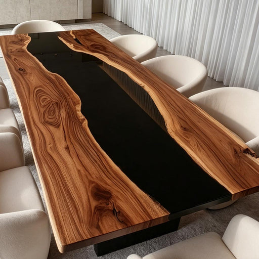 Live edge black walnut meeting table with glossy black resin center for boardroom