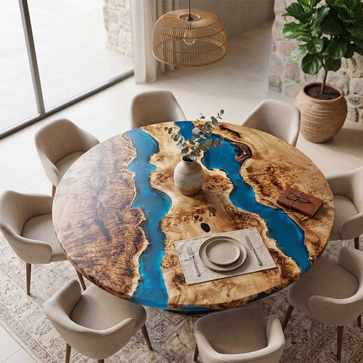 Modern round coffee table featuring a vibrant blue resin river and live edge wood.