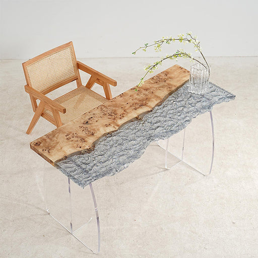 Live edge burl wood epoxy ice table with clear resin wave