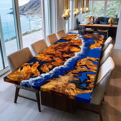 Dining table with a unique design featuring blue and brown patterns, set in a modern interior.