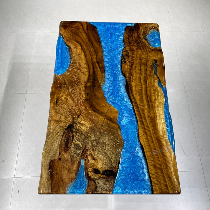 live edge epoxy coffee table with blue resin and natural wood