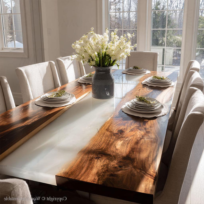 Custom live edge walnut epoxy dining table with white resin center, set for four in a bright and cozy living space in Florida, crafted by Worldcustomtable.