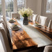 Custom live edge walnut epoxy dining table with white resin center, set for four in a bright and cozy living space, crafted by Worldcustomtable.