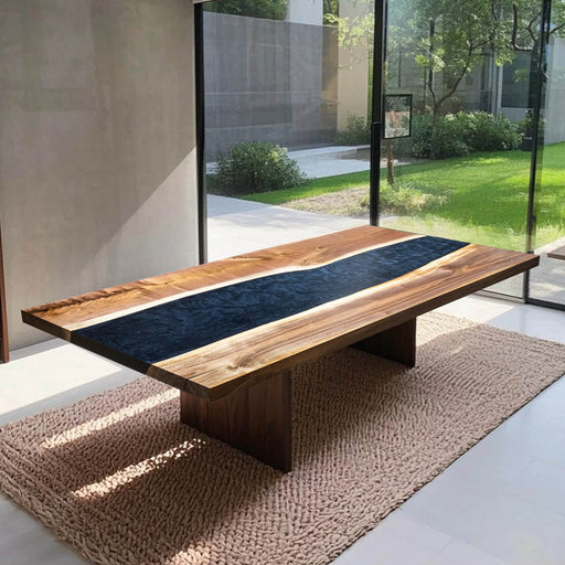 Live edge epoxy river table in a modern dining room with garden view.