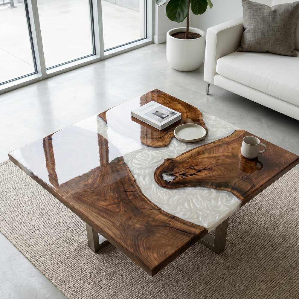 Handcrafted Black Walnut & Pearl White Resin Coffee Table - V69 ...