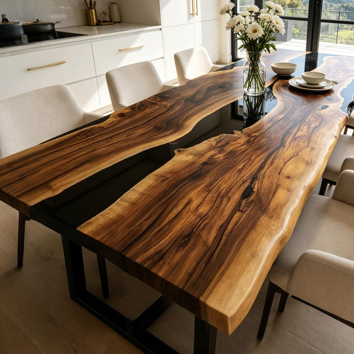 Luxury live edge wood table with blue epoxy resin river detail