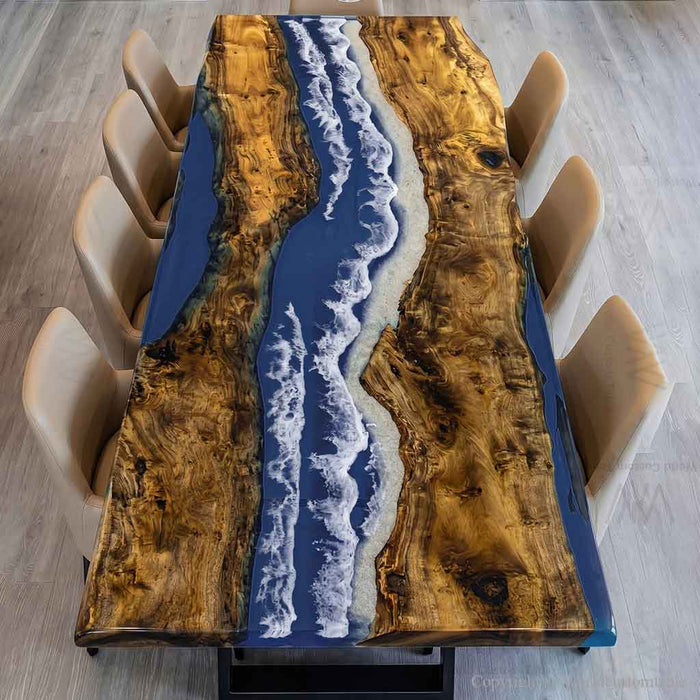 Live edge golden camphor epoxy dining table in contemporary dining room