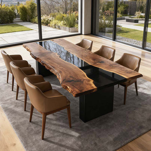 live edge large walnut wood black epoxy resin dinning table