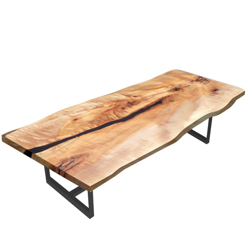 Live edge maple wood epoxy river table featuring black resin center