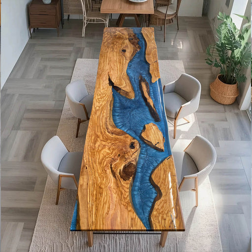 Live edge olive wood bar table with deep blue epoxy resin