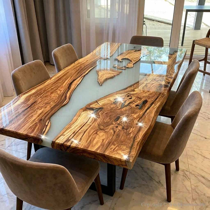 Top view of live edge olive wood and white epoxy conference table with natural wood grain details