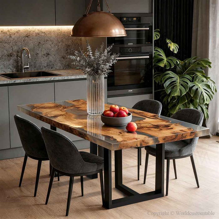 live edge olive wood epoxy dining table in modern farmhouse interior