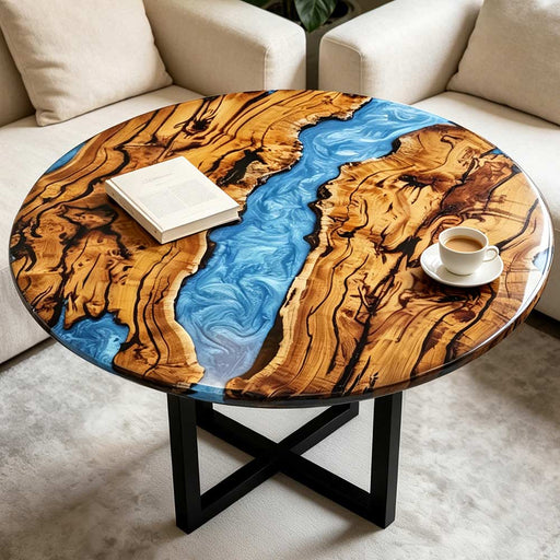 Live edge olive wood coffee table with vibrant blue epoxy resin river, black cross base