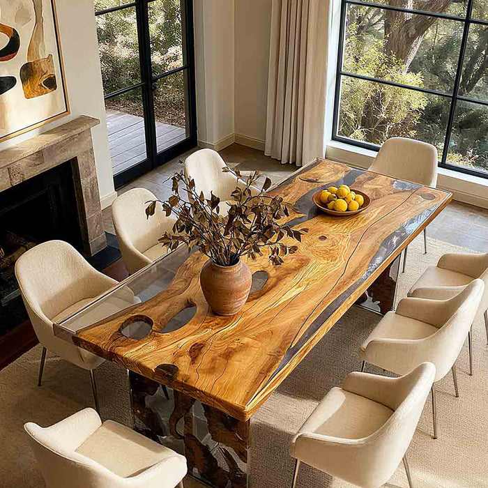 solid olive wood clear epoxy table for dinning & living rooms in texas