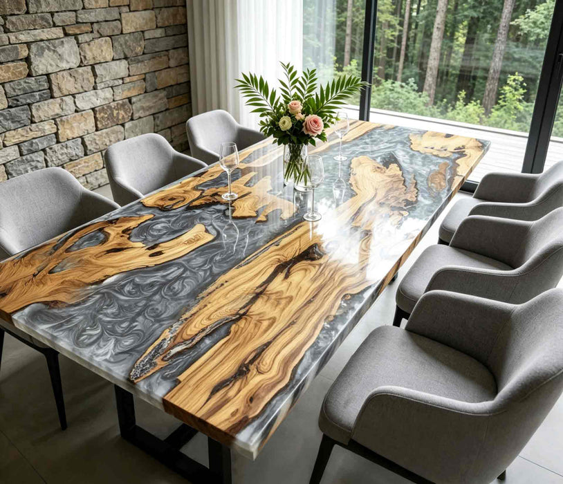 Custom olive wood silver river table for modern dining room and luxury interiors