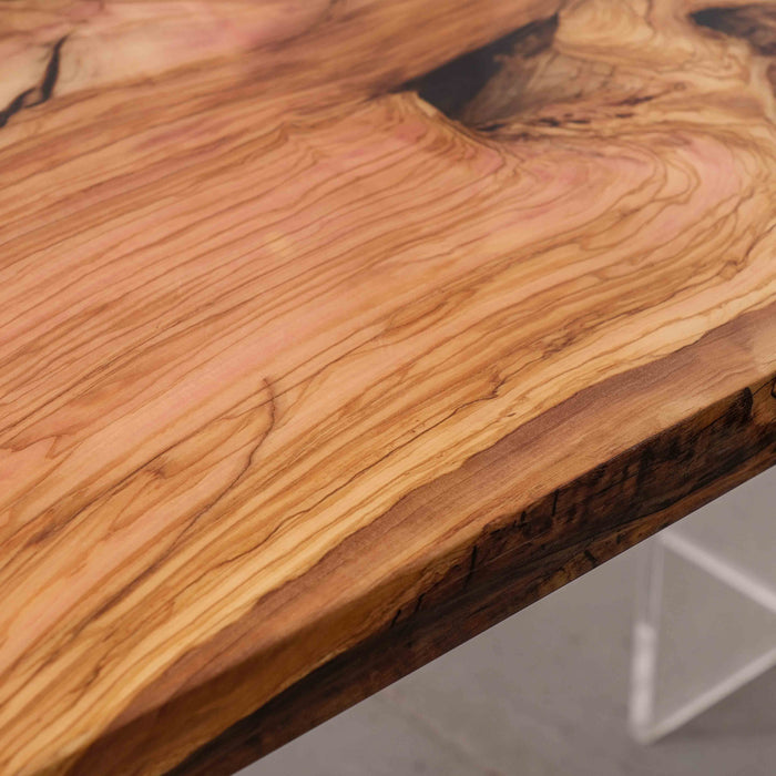 Custom handmade dining table with olive wood and grey epoxy resin