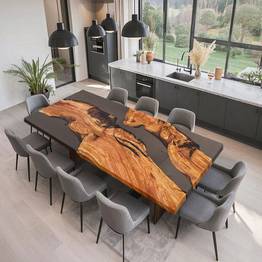 Live edge olive wood and smoky resin river table for modern interiors
