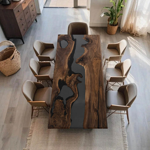 Live edge olive wood resin table with black river design