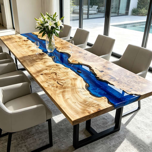 Large rectangular poplar burl dining table with deep blue epoxy resin river and live-edge finish