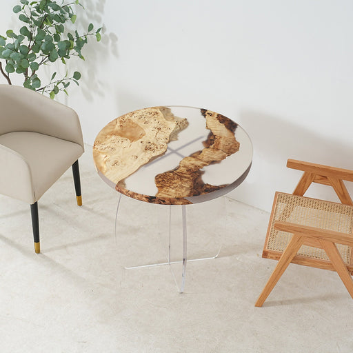 Modern live edge poplar epoxy table with icy resin river and sculptural look
