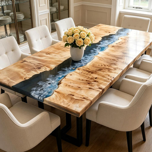 Close-up of poplar burl wood grain on a custom epoxy river dining table with deep blue resin accents.