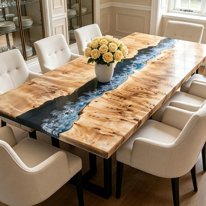 Close-up of poplar burl wood grain on a custom epoxy river dining table with deep blue resin accents.