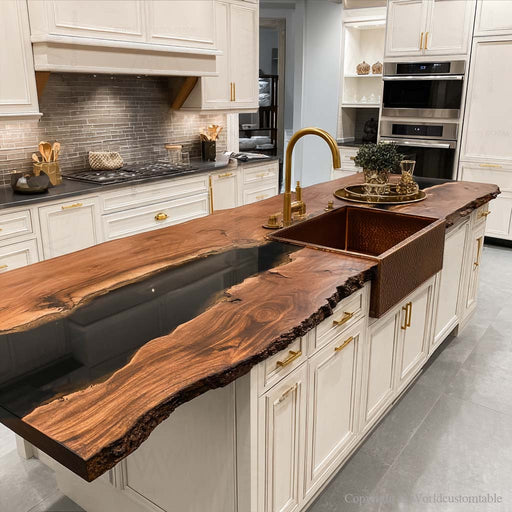 black walnut kitchen island top with black epoxy resin, live edge slab for custom luxury kitchen design