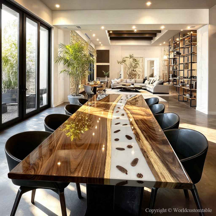 Handcrafted live edge resin dining table with natural walnut wood slabs.