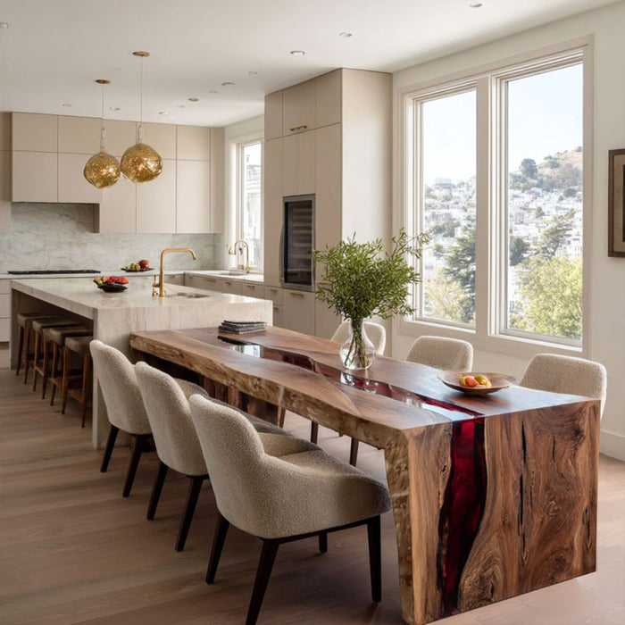 Live edge resin river table in modern open-concept kitchen