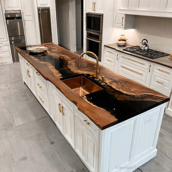 Live edge black walnut kitchen island with glossy black epoxy resin river, handcrafted custom kitchen countertop
